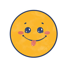 Cute Emoji with Tongue Out – Funny Cartoon Smiley Face. Bright yellow smiley character with hand-drawn textured style