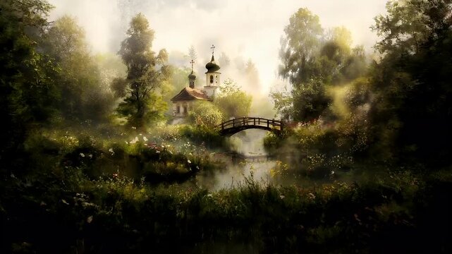 A digital painting of a serene landscape with a church and a bridge. The church and bridge are set against a backdrop of misty trees and a calm body of water.