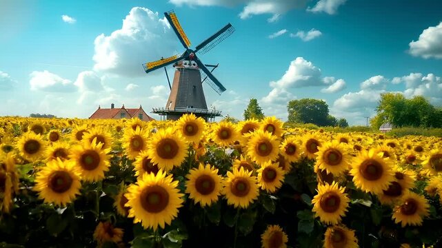 A vivid sunflower field under a partly cloudy sky with a windmill in the background.