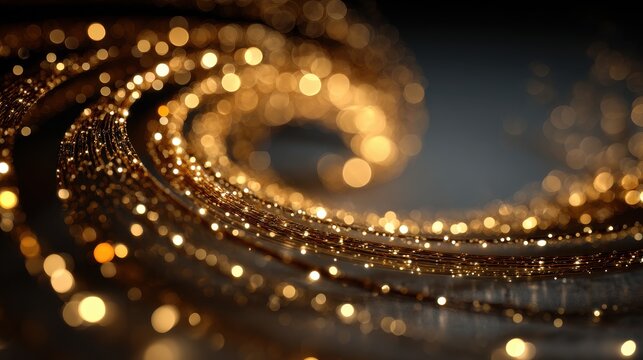 Elegant swirl of shimmering golden particles on dark background