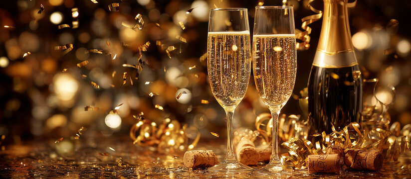 Champagne toast to joyous celebrations with golden confetti and sparkling cheers, perfect for festive occasions and holiday promotions, luxury and success