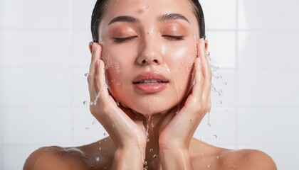 A young woman with closed eyes gently washes her face, splashing refreshing water onto her glowing skin against a clean white tiled background.