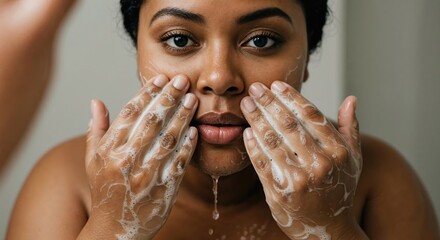 A young adult woman with dark skin gently washes her face with white foamy cleanser, water dripping from her chin in a bright, clean bathroom setting.