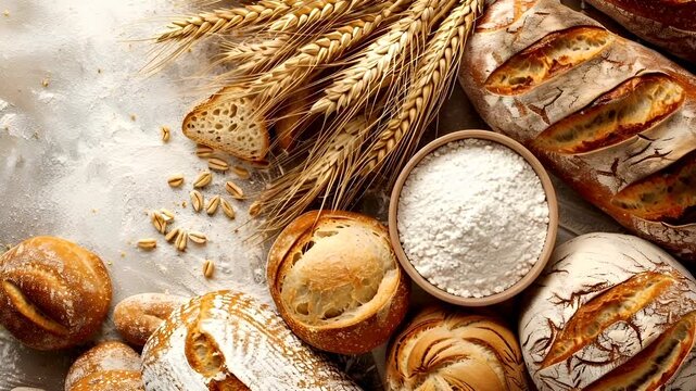 A topdown view of a rustic bakery setting, featuring a variety of artisanal breads and grains. The breads are displayed on a textured surface, with a bowl of flour to the right.
