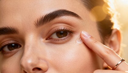 A young woman's finger gently applies a clear moisturizing gel or serum beneath her expressive brown eye, highlighted by warm golden light.