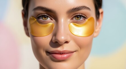 A beautiful young woman with glowing skin smiles gently while wearing shiny gold under-eye patches for a refreshing skincare routine against a soft pastel background.