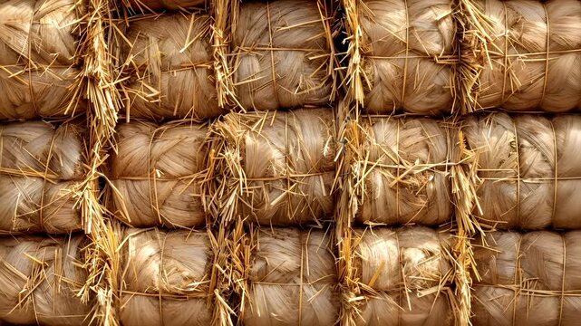 A closeup view of a stack of straw bales. The texture of the straw is visible, with the individual strands forming a complex pattern.