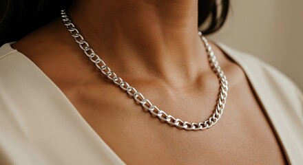 A stylish silver chain necklace elegantly drapes around the neck of a person, complemented by a soft light beige garment, showcasing modern jewelry fashion with subtle lighting.