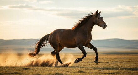 Majestic brown horse galloping freely across a golden field at sunset.