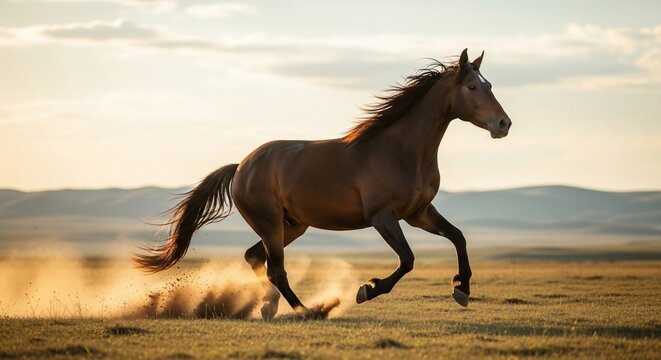 Majestic brown horse galloping freely across a golden field at sunset.