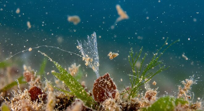 A seabed scene with seaweed marine debris sand and a hydroid colony The background is blue water