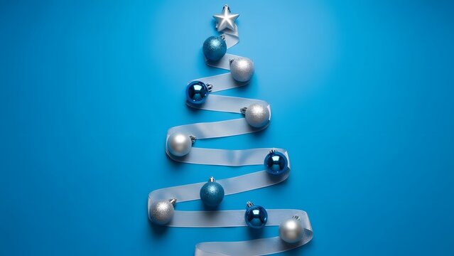 Minimalist christmas tree made of ribbon and ornaments on blue background