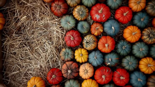 A closeup view of a collection of pumpkins and gourds on a bed of straw. The pumpkins are of various sizes and colors, including red, orange, yellow, green, blue, and purple.