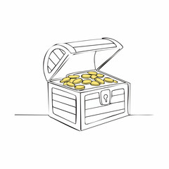 One continuous line drawing an open Treasure Chest. Pirates wooden box with golden coins in simple linear style.