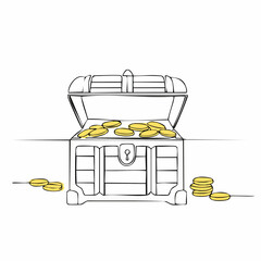 One continuous line drawing an open Treasure Chest. Pirates wooden box with golden coins in simple linear style.
