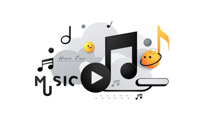 Fun music concept vector illustration with a large play button, musical notes, and cute emoji characters. Perfect for streaming platforms, entertainment apps, podcasts, and digital media promoting