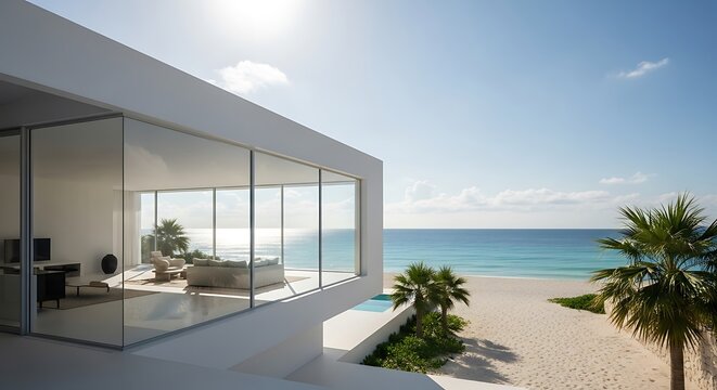 Modern Beachfront Villa with Panoramic Ocean Views and Palm Trees.