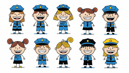 Diverse Group of Cheerful Cartoon Children Dressed as Police Officers