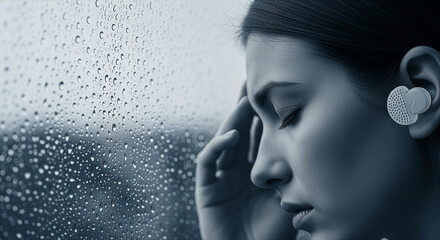 気象病と低気圧不調、天気痛の専用の耳栓をして雨の窓辺で頭を抱える女性