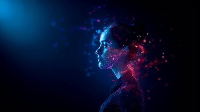 A digital artwork portraying a womans face, overlaid with a radiant array of pink and blue particles. The womans gaze is intense and focused.