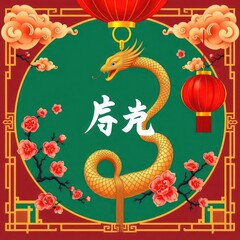 Golden dragon illustration for Chinese New Year traditional Asian design with lanterns and flowers vector graphic for festive celebrations