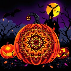 Halloween pumpkins with mandala design spooky haunted house under a full moon vector illustration for holiday decoration and backgrounds
