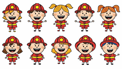 Diverse Group of Smiling Cartoon Children Dressed as Firefighters for Safety Education