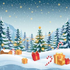 Winter wonderland scene with Christmas trees gifts and snow a festive illustration for holiday cards and seasonal designs
