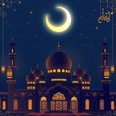 Mosque illustration at night with crescent moon Islamic design for Ramadan and Eid celebrations vector graphic