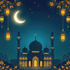 Ramadan Kareem illustration with mosque silhouette crescent moon and lanterns vector design for Islamic holidays and celebrations