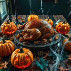 Festive Halloween dinner with roasted turkey and carved pumpkins spooky autumn holiday celebration on a rustic wooden table