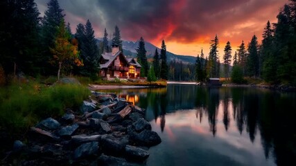 A vivid, highresolution photograph of a rustic log cabin nestled amidst a forested landscape during sunset. The cabins architecture is characterized by steep, wooden beams, large windows. - Powered by Adobe