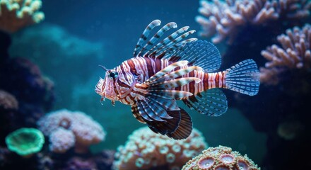 A colorful lionfish swims near coral formations in a vibrant aquatic environment