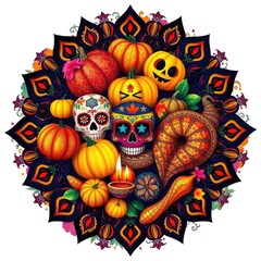 Festive Day of the Dead mandala with pumpkins and sugar skulls colorful vector illustration for autumn celebrations and cultural events