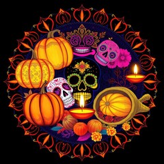 Day of the Dead composition with sugar skulls pumpkins and candles vector illustration for Dia de los Muertos celebration