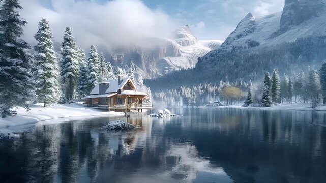snowy mountain landscape with wooden cabin and reflection in calm water.