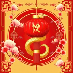 Golden snake coiled around a red lantern Chinese New Year illustration for the year of the snake traditional Asian design