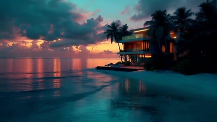 Aerial view of a modern beachfront residence during sunset, with palm trees and a serene ocean backdrop. The sky is painted in hues of pink, purple, and blue.