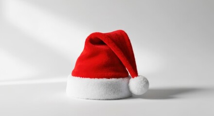 A red and white, plush cap with a pompom, isolated on a white backdrop