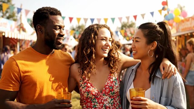 Friends laugh together at outdoor summer fair with colorful decor.