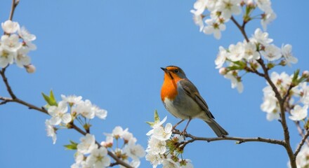 Naklejka premium A vibrant robin perched on a branch, framed by blooming white flowers