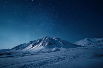Stunning starry night sky over snow-capped mountains, perfect for travel ads, nature blogs, and winter wonderland themes with a sense of peaceful adventure