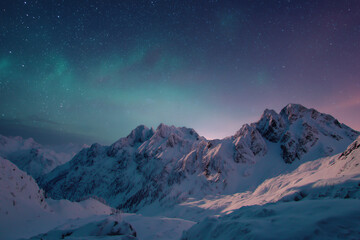 Stunning Aurora Borealis dances over majestic, snow-capped mountains under starry night sky, inspiring travel and adventure, perfect for serene landscapes