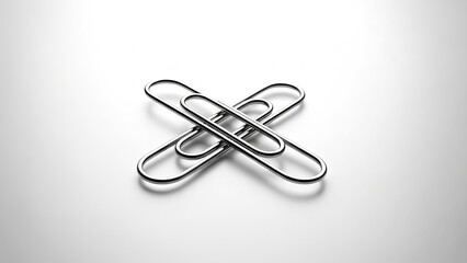 Two metallic paperclips stacked on a white background, symbolizing connection, teamwork, and collaborative work