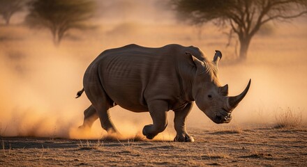 Fototapeta premium Powerful White Rhinoceros Charging Through Dusty African Landscape.