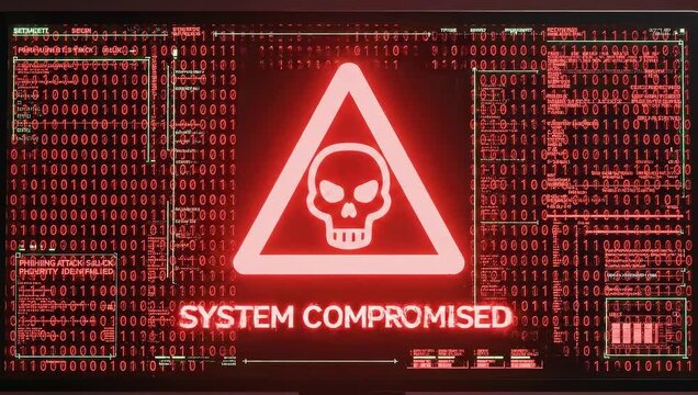 Computer Screen Displaying Malware Virus Detected Warning With Red Splatter Graphic And Code Background