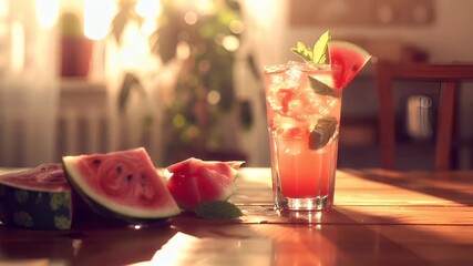 A closeup shot of a watermelon slice on a wooden surface. The watermelon is in sharp focus, while the background is slightly blurred, emphasizing the watermelon slices and the drink. - Powered by Adobe