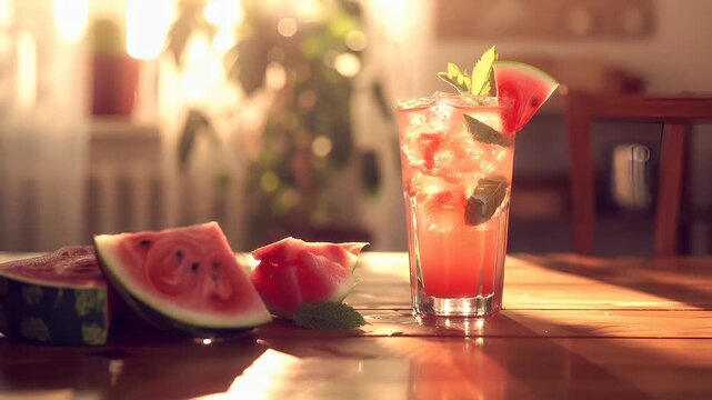 A closeup shot of a watermelon slice on a wooden surface. The watermelon is in sharp focus, while the background is slightly blurred, emphasizing the watermelon slices and the drink.