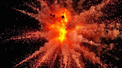 Fiery explosion fireball smoke debris shockwave bright orange blast molten meteor asteroid glowing crater spiky surface outer space star field - Powered by Adobe