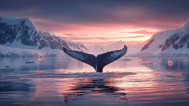 A whale tail splashes above calm icy water at sunset, creating a serene polar seascape with dramatic light, motion, and reflection. Ideal for nature, wildlife, climate, and travel themes.